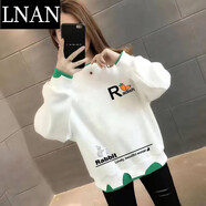 LNAN女裝卡通衛(wèi)衣女2025新款春秋裝韓版百搭寬松薄款假兩件印花上衣 白色-小白兔黑字 L_建議100-120斤