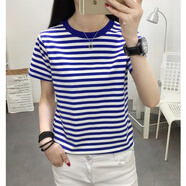 皮爾卡丹（pierre cardin）?；晟琅募炯兠匏{色短袖時(shí)尚藍白橫條紋風(fēng)半袖寬松水手服t恤 藍白條-純棉短袖 2XL 120-135斤