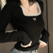 吉閑打底衫女秋冬高級感毛衣拼皮草內(nèi)搭女冬季加絨低領(lǐng)上衣法式露鎖骨 黑色 均碼