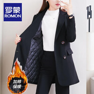 羅蒙秋冬加厚女西裝中長款夾棉外套胖m妹大碼寬松職業(yè)裝休閑西服200斤 黑色  春秋單件外套 4XL 176-190斤