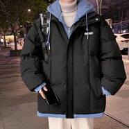 南笙范 棉服男外套秋冬季潮牌棉衣男裝假兩件連帽晉江棉襖男 MY2301黑色 XL （115-145斤）
