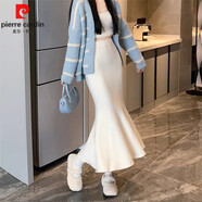 皮爾卡丹（pierre cardin）黑色荷葉邊魚尾半身裙女秋冬配毛衣針織包臀裙高腰遮肉顯瘦中長裙 杏色 均碼