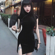 莜衣漫女秋新款絲絨旗袍中國風(fēng)開叉連衣裙改良旗袍街頭氣質(zhì)短包臀裙 黑色/Black高品質(zhì)_[原質(zhì)量] L _建議[105-120斤]