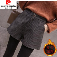 皮爾卡丹（pierre cardin）高腰a字闊腿顯瘦短褲冬季外穿褲靴2024秋冬新款毛呢千鳥格短褲女 深灰色【有內(nèi)襯】 S