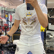 NAELK  原創(chuàng)潮牌白色短袖t恤男燙鉆夏季新款印花套頭圓領(lǐng)體恤修身短袖t 白色 XL