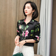 奧絲婕（Aosijie）真絲碎花襯衫女印花春夏新款重磅桑蠶絲襯衣修身顯瘦氣質(zhì)上衣 黑色（玫瑰花） M