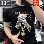 吉普（JEEP）高檔歐貨冰絲燙鉆白色T恤潮流印花重工夏季網(wǎng)紅短袖2025新款潮牌 黑色 2XL 145-160斤