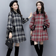 歌蜜奴毛呢大衣女時(shí)尚秋冬裝新款寬松韓版呢子中長款毛呢大衣外套女潮 紅格子 M