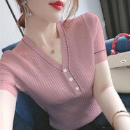 朵伶詩(shī)兒冰絲V領(lǐng)短袖t恤女夏新款韓版百搭修身顯瘦紐扣拼接針織衫上衣薄款 粉紅色 M碼(建議90-100斤)