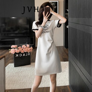 JVH香港潮牌中長款T恤連衣裙女 2024夏季新款休閑收腰小個子燙鉆短裙 白色連衣裙 M