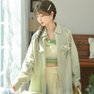森女部落薄荷曼波 小清新甜美文藝風(fēng)休閑款格子襯衫2024春季新款外套原創(chuàng  ) 綠色 L