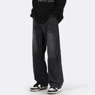 衣然呈品星星牛仔褲男秋季新款簡(jiǎn)約高街闊腿潮牌寬松休閑直筒百搭長(cháng)褲子男 黑色直筒 M【建議95-115斤】