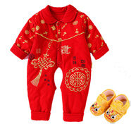 鵬優(yōu)嬰兒連體衣純棉寶寶哈衣爬服新生兒滿月百天紅色衣服春秋冬薄夾棉 吉祥如意薄夾棉連體開襠+虎頭鞋 80cm （建議7-9月）
