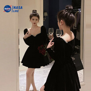 NASALIKE高端晚禮服小黑裙名媛收腰鑲鉆方領(lǐng)赫本絲絨連衣裙女夏冬天蓬蓬裙 2006 M碼建議90-100斤
