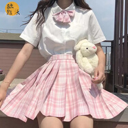 jk制服格裙全套女JK學(xué)生裙子夏季日系少女制服百褶裙短裙學(xué)院風(fēng)半身裙歐維沃 少女心事 短袖襯衫+格裙+領(lǐng)結(jié) S