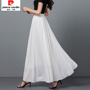 皮爾卡丹新款夏季雪紡半身裙女白色高腰A字中長(cháng)大擺跳舞裙純色紅色長(cháng)裙子 純白色(1306/雙層有內襯) 裙長(cháng)80cm 適合身高148-157