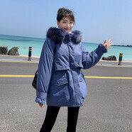 法蘿迪 短外套女秋冬季女裝新款韓版寬松風(fēng)衣面包服工裝棉襖子bf短款牛仔外套 藍(lán)色 M