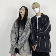 楠馨妤 扎染漸變牛仔外套男女情侶裝韓版bf做舊古著(zhù)夾克上衣高街潮牌港  GC-JK8912 灰色 M