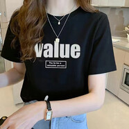 玖卡依純棉短袖t恤女2025夏季女裝新款韓版寬松體恤衫休閑半袖打底衫 黑色-英文 XL 建議115-135斤