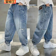 雷姆汀男童牛仔褲子春秋薄款中大童拼接新款兒童長(cháng)褲寬松帥氣束腳口運動(dòng) 主圖款 140 建議身高130cm-140cm