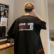 魯賓克美式潮牌復古字母印花短袖t恤男夏季新款寬松五分半袖棉質(zhì)T體恤男 黑色 S