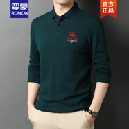 羅蒙（ROMON）男士純棉長(cháng)袖t恤帶領(lǐng)子白色春秋裝寬松刺繡POLO保羅衫打底衫體恤 綠色 175/L 適合135-150斤