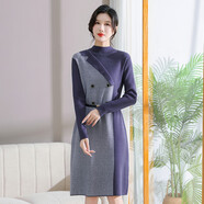 羅蒙（ROMON）中老年女裝新款中年媽媽裝毛衣女套頭韓版加厚中長(cháng)款秋冬連衣裙女 紫灰色 L （建議90-110斤）