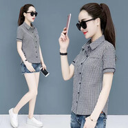尚濤（SHANGTAO） 尚濤襯衫女春秋女裝新款韓版格子條紋襯衣女上衣長袖休閑打底衫 黑格子短 XL 建議100-115斤