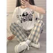 DOGHC女大童夏季套裝12-15歲初高中學(xué)生女裝運動(dòng)韓版寬松短袖t恤格子褲 吉他貓#白色上衣+格子褲【套裝】 薄款 155 (M) 建議90-105斤