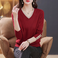 歌米拉（Gemila）針織衫女春秋新款V領(lǐng)上衣外穿雞心領(lǐng)打底衫寬松韓版毛衣 紅色 4XL 建議150斤-165斤