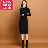 爾煦【品牌撿漏】加絨加厚假兩件針織連衣裙女秋冬中長(zhǎng)款系帶新款修身打底內(nèi)搭毛衣氣質(zhì)女裝 黑色【不加絨】 XL 建議115-125斤