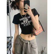 邦伊芙正肩短款T恤女短袖夏季新款字母亮片刺繡修身顯瘦辣妹露臍上衣ins 黑色【字母亮片設(shè)計】 M