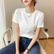 山朵棉白色t恤女短袖春夏純棉半高領(lǐng)修身顯瘦體恤半袖打底上衣2024新款 白色 L 【推薦102-114斤】