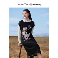 茵曼（INMAN）x米雷聯(lián)名系列假兩件連衣裙春秋女新品繡花中長(cháng)裙18348463 黑色 S