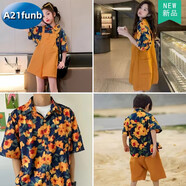A 21 FUNB炸街親子裝夏裝一家三口短袖復古港風(fēng)襯衫海邊度假雪紡母女襯衫潮 桔色（2件套套裝） 165 媽媽大人M【100-115斤】