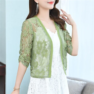 TKHE蕾絲小披肩夏季外搭女2024新款大碼鏤空開(kāi)衫搭裙子短款披肩 草綠色 XL 建議100-110斤