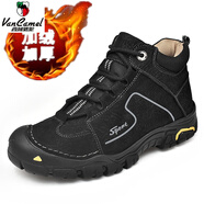 西域駱駝（VANCAMEL）新款戶(hù)外男鞋登山鞋防水休閑高幫皮鞋真皮厚底防滑軟底中幫徒步鞋 6075黑色加絨 40