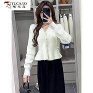 啄木鳥(niǎo)名媛氣質(zhì)紅色v領(lǐng)毛衣針織衫女2025新年秋冬款感修身短款上衣 白色毛衣 M 【建議95-110斤】