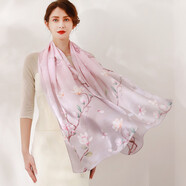 達芬奇密碼真絲絲巾女秋季新款桑蠶絲圍巾長(cháng)款披肩杭州絲綢中國風(fēng)母親節禮物 蘭開(kāi)葉綠 藕粉