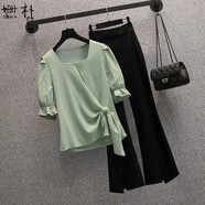 姍樸大碼女裝胖mm夏季新款雪紡衫洋氣減齡寬松顯瘦遮肚子洋氣時(shí)髦套裝 綠色上衣+褲子【套裝】 3XL【建議160-180斤】