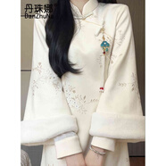 丹珠娜（DanZhuNa）加絨旗袍秋冬2025年冬季新款改良倒大袖復古國風(fēng)日常新中式連衣裙 淺杏色(無(wú)飾品) S