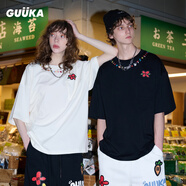 古由卡（GUUKA）Agaho聯(lián)名250克重磅黑色短袖t恤男純棉夏 情侶落肩上衣寬松 黑色 S