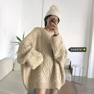 閑合漫 復(fù)古麻花慵懶風(fēng)加厚毛衣女寬松外穿春季韓版套頭中長款打底針織 杏色 M 建議100斤以內(nèi)