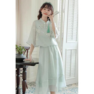 韓璐嬌（hanlujiao）新中式連衣裙女裝2025夏裝新款漢元素復古刺繡國風氣質(zhì)漢服長裙子 3049上衣+裙子 L （建議108-120斤）