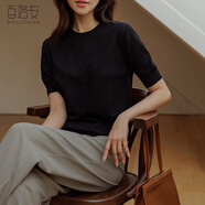 百洛安簡約圓領(lǐng)短袖冰絲針織衫T恤女2025夏新款百搭顯瘦套頭上衣 黑色 L
