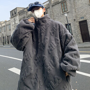 賓迪肯（BINDIKEN）小香風(fēng)格子羊羔毛外套男秋冬季潮牌寬松棉服大碼男裝夾克棉衣潮流 A157-M796灰色（羊羔毛加厚） 2XL