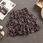 絲瀟碎花苞半身裙女高腰百褶層層蛋糕a字傘短裙子夏季雪紡包臀小個(gè)子 黑底碎花 21780 均碼 (95-130斤)