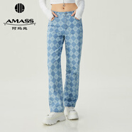 阿瑪施（AMASS）女裝新款高腰直筒休閑牛仔長(zhǎng)褲女5100470 棋盤格 S (2碼)