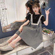 奧米鼠童裝夏季新款短袖連衣裙女童中大兒童韓版格子裙女孩甜美淑女長(cháng)裙 黑色 170建議身高155-165cm左右微胖再拍大一碼