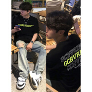 卡圖弛美式潮牌純棉短袖t恤男夏季寬松五分半袖ins高街復(fù)古重磅打底衣服 黑色 XL 【建議120-140斤】